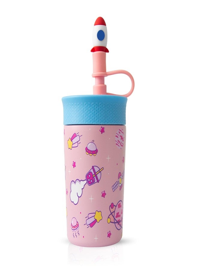 ONE AND ONLY كوب ONE AND ONLY مع غطاء ماصة، قارورة معزولة بتفريغ الهواء ثلاثية الطبقات، زجاجة ماء ساخنة وباردة، مصنوعة من الفولاذ المقاوم للصدأ والسيليكون، زجاجة ماء مانعة للتسرب للأطفال، سعة 350 مل (وردي) - Image 1